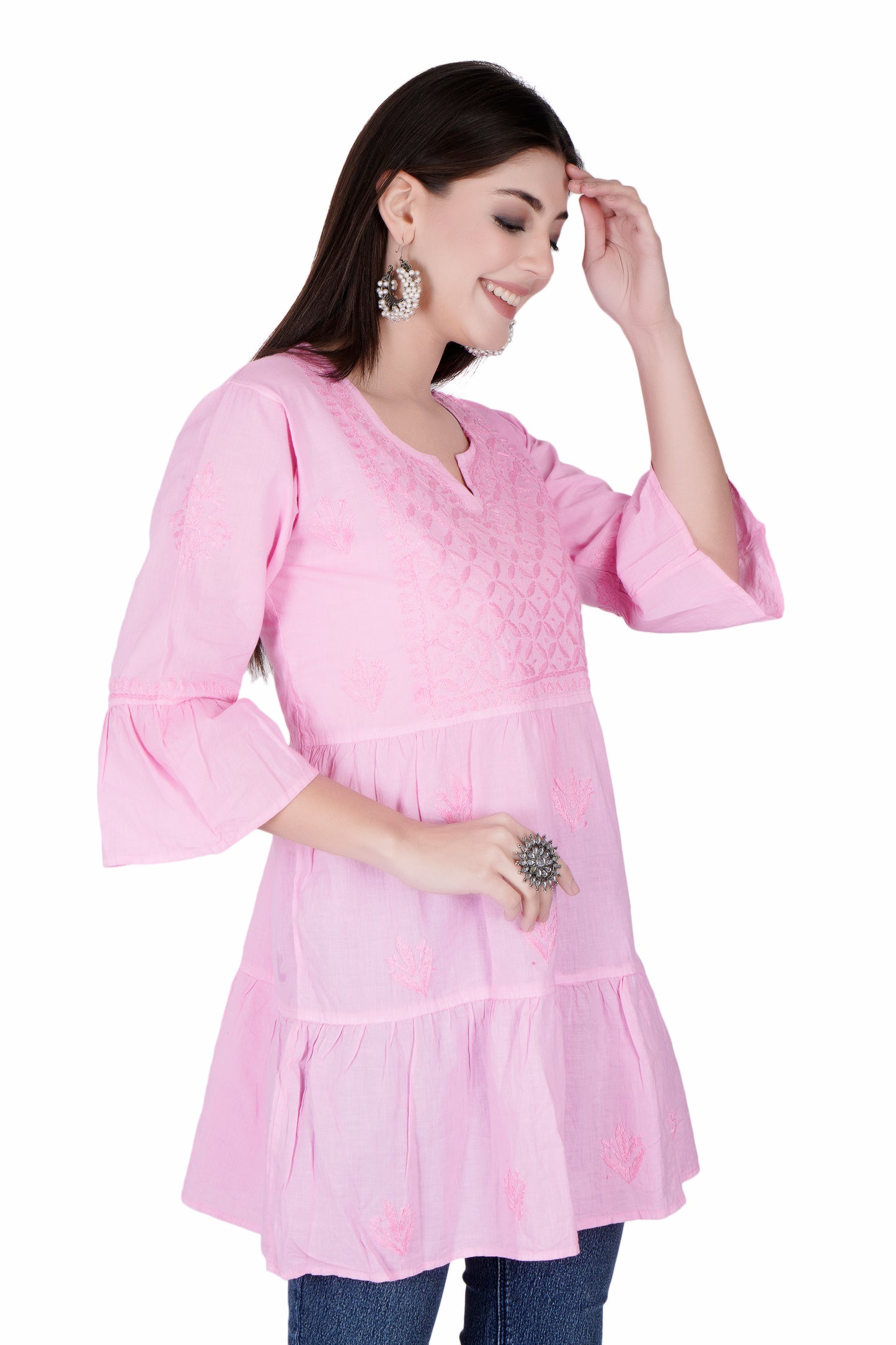 The Chikankari Story Pink Chikankari Hand Embroidery Short Kurti for Women with Mughal Motif - Lakhnavi Heritage Design, Top-Selling Style