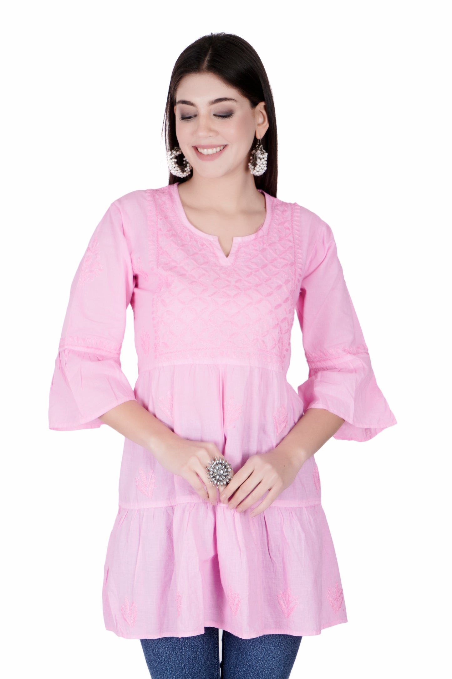 The Chikankari Story Pink Chikankari Hand Embroidery Short Kurti for Women with Mughal Motif - Lakhnavi Heritage Design, Top-Selling Style