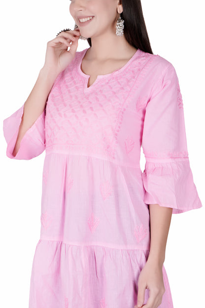 The Chikankari Story Pink Chikankari Hand Embroidery Short Kurti for Women with Mughal Motif - Lakhnavi Heritage Design, Top-Selling Style