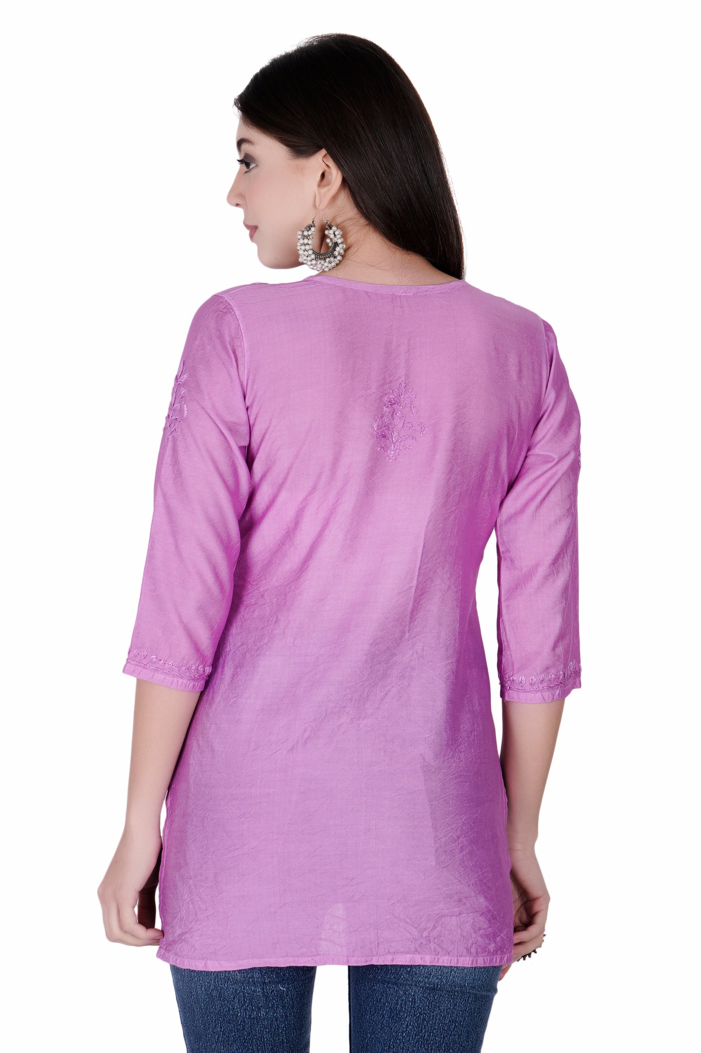 The Chikankari Story Magenta Chikankari Hand Embroidery Chanderi Short Kurti with Mughalayi Motifs - Lakhnavi Heritage Design