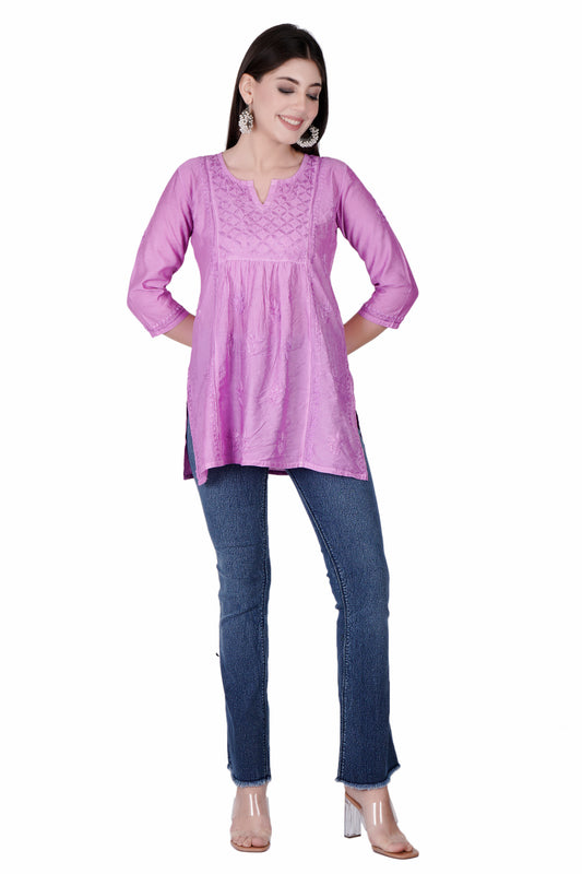 The Chikankari Story Magenta Chikankari Hand Embroidery Chanderi Short Kurti with Mughalayi Motifs - Lakhnavi Heritage Design