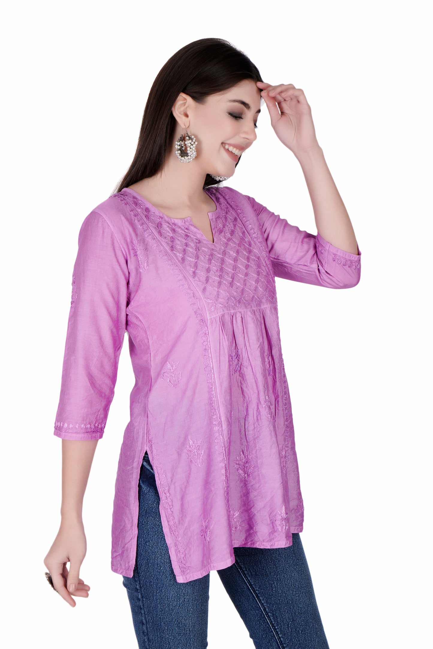 The Chikankari Story Magenta Chikankari Hand Embroidery Chanderi Short Kurti with Mughalayi Motifs - Lakhnavi Heritage Design