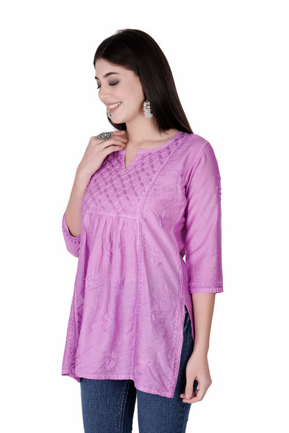 The Chikankari Story Magenta Chikankari Hand Embroidery Chanderi Short Kurti with Mughalayi Motifs - Lakhnavi Heritage Design