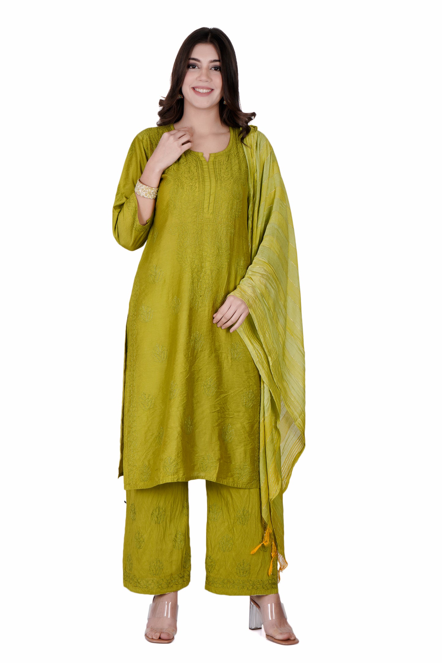 The Chikankari Story Green Chanderi Chikankari 3-Piece Set: Hand-Embroidered Lakhnavi Kurti with Dupatta and Palazzo – Traditional Queen-Inspired Thread Work kurti for women.