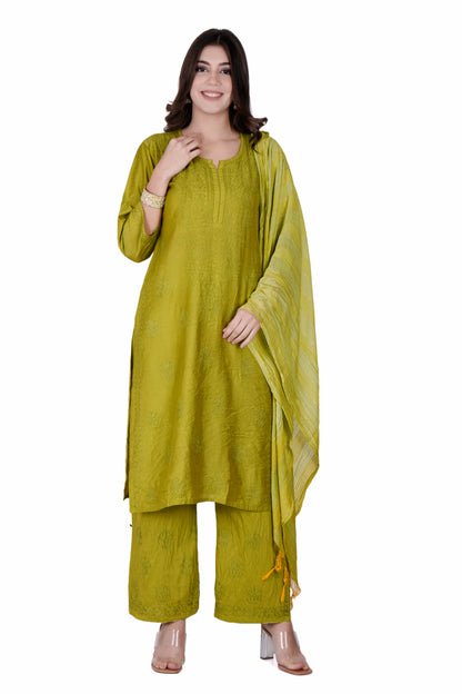 The Chikankari Story Green Chanderi Chikankari 3-Piece Set: Hand-Embroidered Lakhnavi Kurti with Dupatta and Palazzo – Traditional Queen-Inspired Thread Work kurti for women.