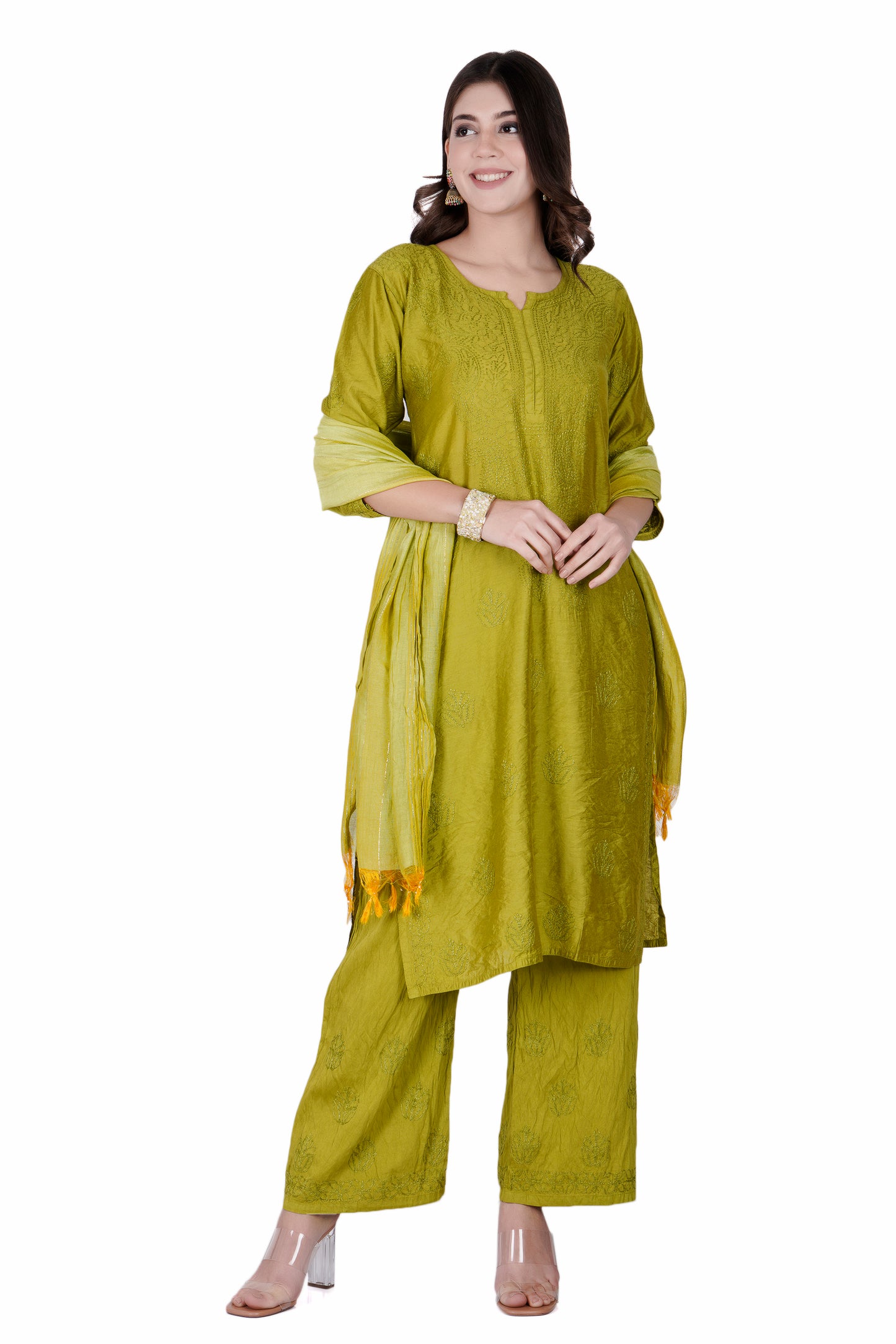 The Chikankari Story Green Chanderi Chikankari 3-Piece Set: Hand-Embroidered Lakhnavi Kurti with Dupatta and Palazzo – Traditional Queen-Inspired Thread Work kurti for women.