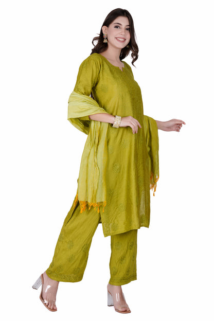 The Chikankari Story Green Chanderi Chikankari 3-Piece Set: Hand-Embroidered Lakhnavi Kurti with Dupatta and Palazzo – Traditional Queen-Inspired Thread Work kurti for women.