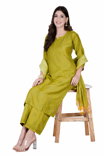 The Chikankari Story Green Chanderi Chikankari 3-Piece Set: Hand-Embroidered Lakhnavi Kurti with Dupatta and Palazzo – Traditional Queen-Inspired Thread Work kurti for women.