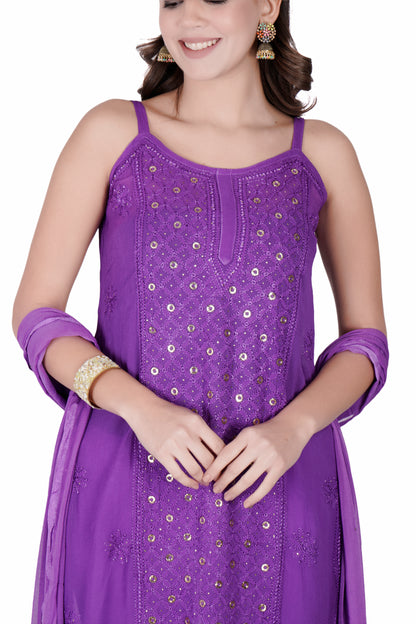 The Chikankari Story Purple Viscose Chikankari Kurta Set with Bakhya Work & Ring Mukaish with  Dupatta - Lucknowi Kurta and Pant Ensemble