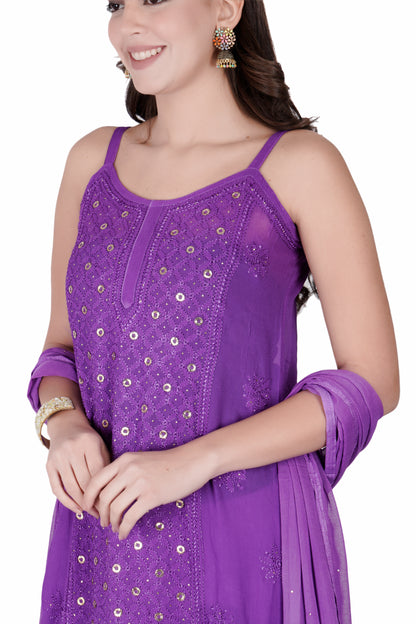 The Chikankari Story Purple Viscose Chikankari Kurta Set with Bakhya Work & Ring Mukaish with  Dupatta - Lucknowi Kurta and Pant Ensemble