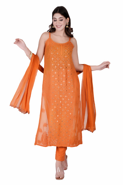 The Chikankari Story Orange Viscose Chikankari Kurta Set with Bakhya Work & Ring Mukaish Dupatta - Lucknowi Kurta and Pant Ensemble