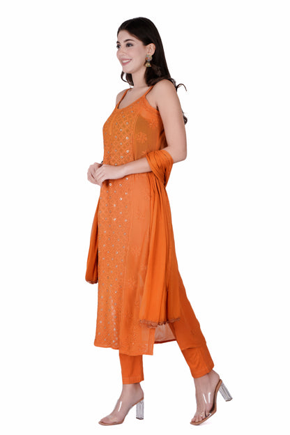 The Chikankari Story Orange Viscose Chikankari Kurta Set with Bakhya Work & Ring Mukaish Dupatta - Lucknowi Kurta and Pant Ensemble