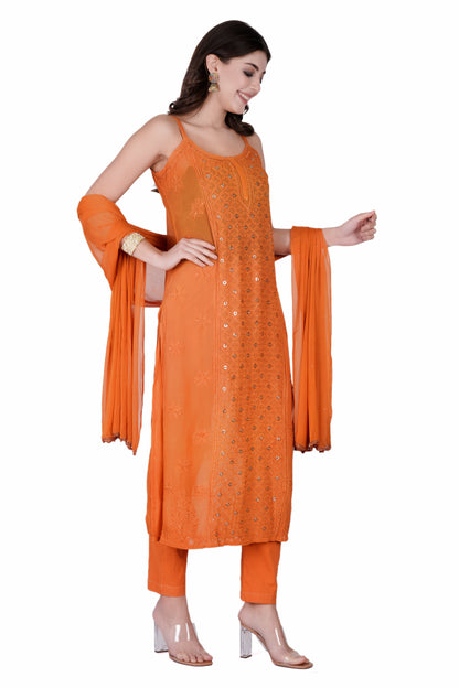 The Chikankari Story Orange Viscose Chikankari Kurta Set with Bakhya Work & Ring Mukaish Dupatta - Lucknowi Kurta and Pant Ensemble