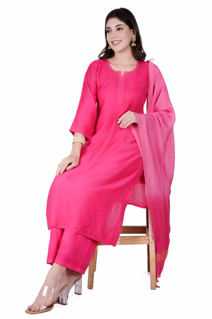 The Chikankari Story Enchanting Pink Chanderi Chikankari 3-Piece Set  Regal Hand Embroidered Kurti with Dupatta and Palazzo for Timeless Elegance