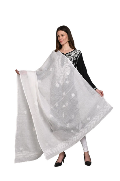 The Chikankari Story Pure Kota Cotton White Dyeable Dupatta with Fine Lucknowi Chikankari Hand Embroidery (Tepchi Work)