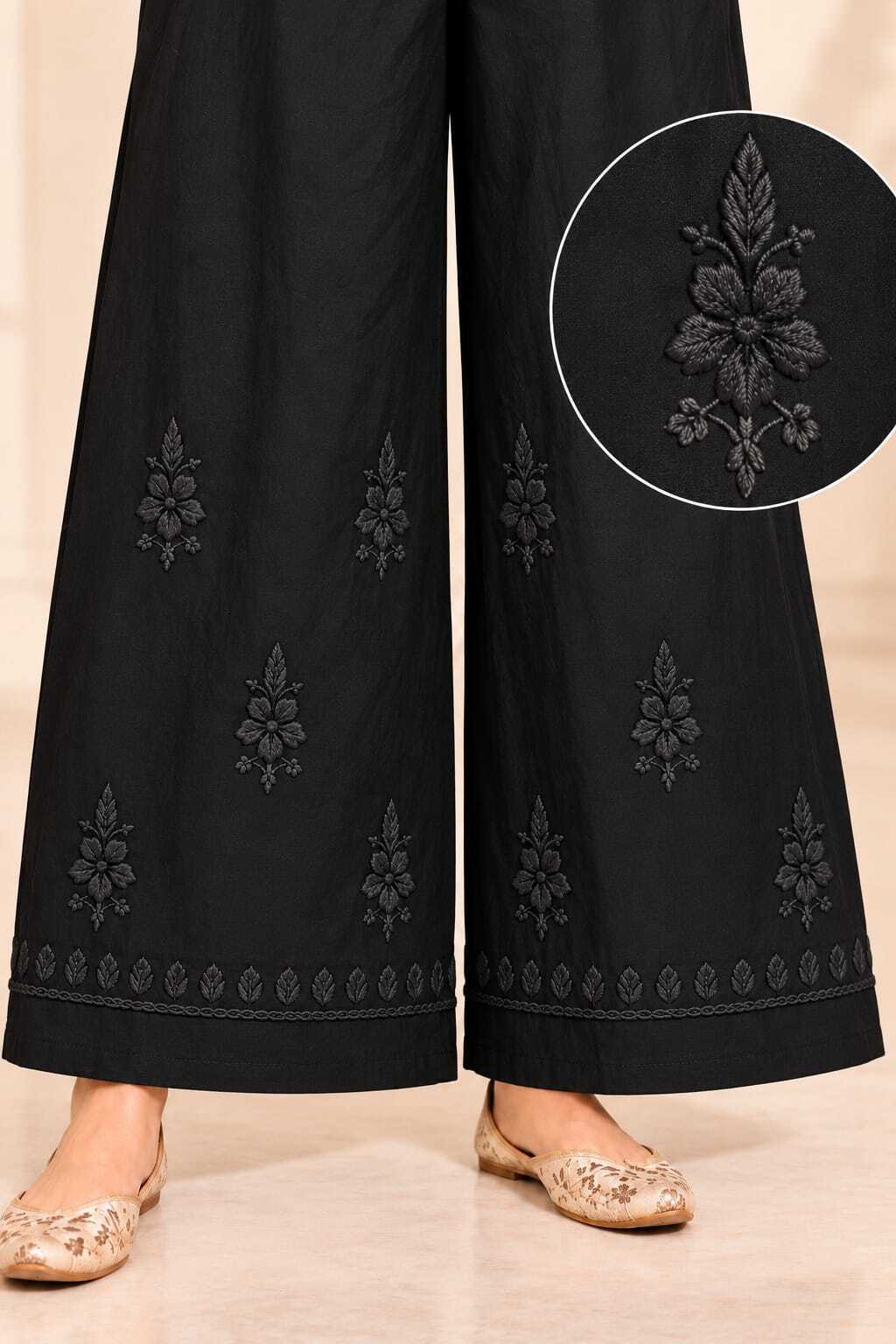 Women Black Cotton Chikankari Hand Embroidery Palazzo