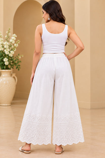 Women White Cotton Chikankari Hand Embroidered Palazzo