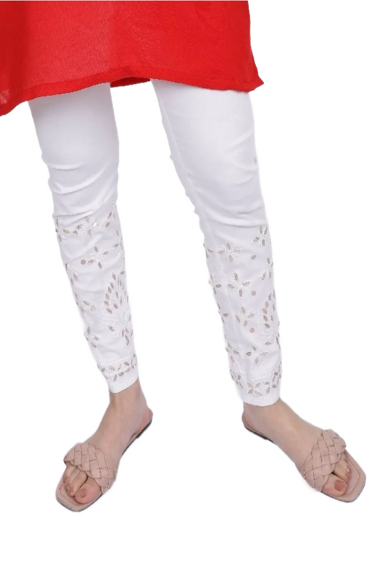 The Chikankari Story White Stretchable Cotton Pants for Ladies with Lakhnavi Chikankari Hand Embroidery and Side Pockets - Fine Gota Patti Work.