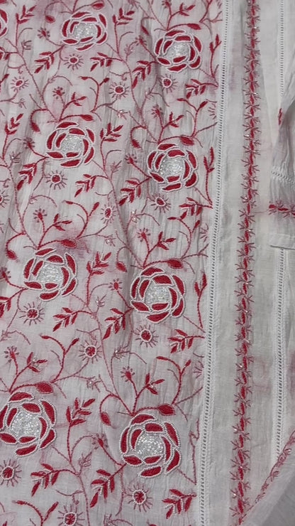 The Chikankari Story: Elegant Mulmul Chanderi Dyeable Unstitched Suit Set with Contrast Hand Embroidery & Moti Cut Dana Detailing – A Timeless Classic