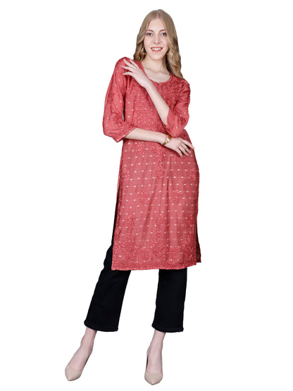 The Chikankari Story Women’s Lucknowi Hand-Embroidered Chanderi Long Kurti  – Available in Red, Yellow, Brick,Blue, Purple, Black & Peach.