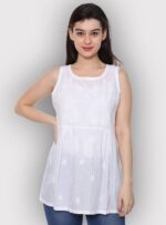 Women's Chikankari White Pure Cotton Sleeveless Short Tunic