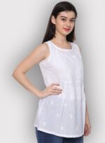 Women's Chikankari White Pure Cotton Sleeveless Short Tunic