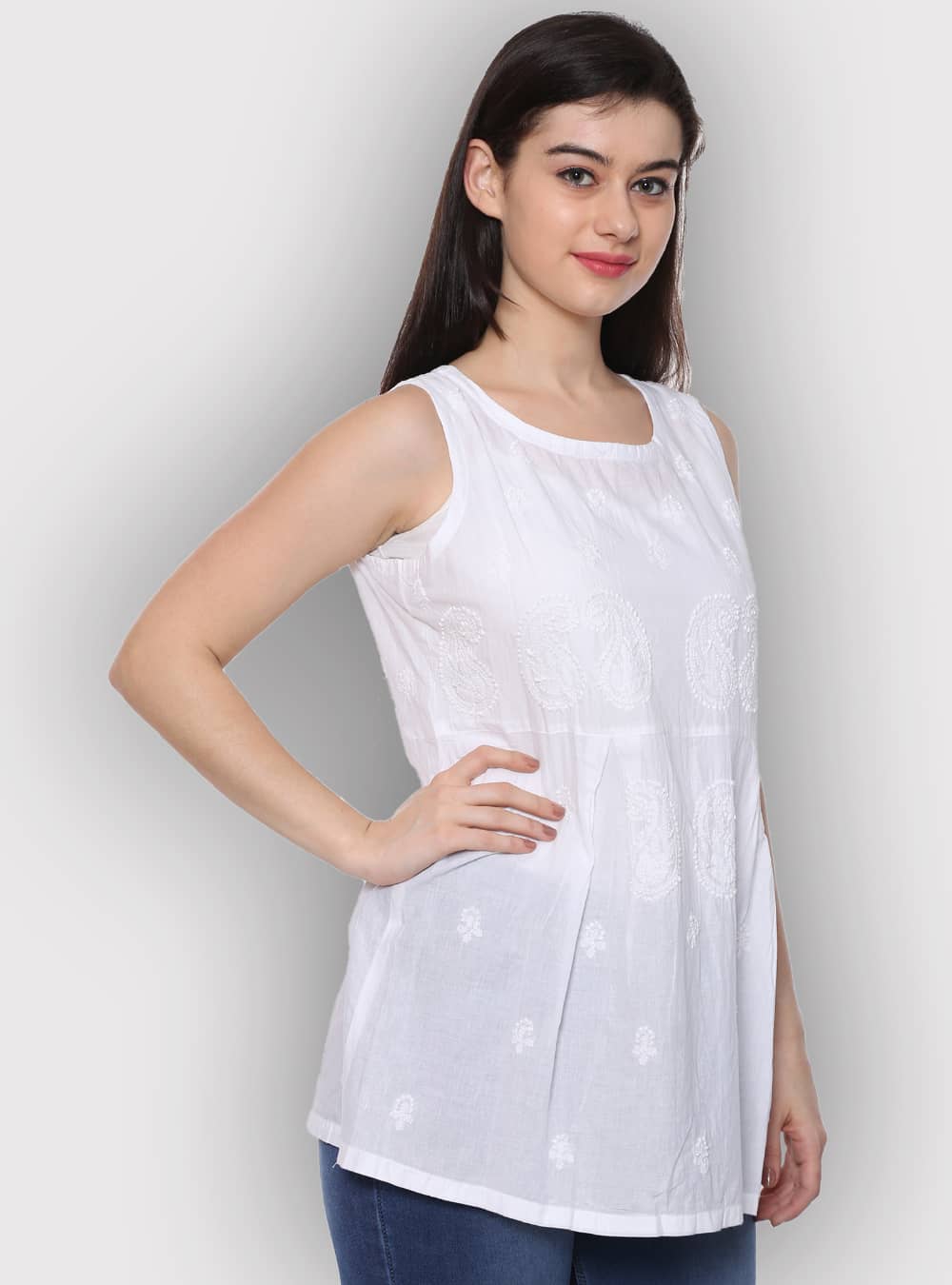 White sleeveless lucknow chikankari kurti with white thread chikan  embroidery