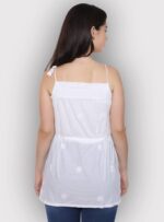 Women's Chikankari White Pure Cotton Short Tunic with Noodle straps on shoulder