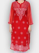 Women's Red Georgette Long Length Kurti Kurta with Chikankari Hand Embroidery with Free Inner