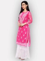 Women's Chikankari Pink Georgette Long Length Kurti Kurta with fine Gota Patti work. Kurti comes along with matching long length inner