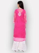 Women's Chikankari Pink Georgette Long Length Kurti Kurta with fine Gota Patti work. Kurti comes along with matching long length inner