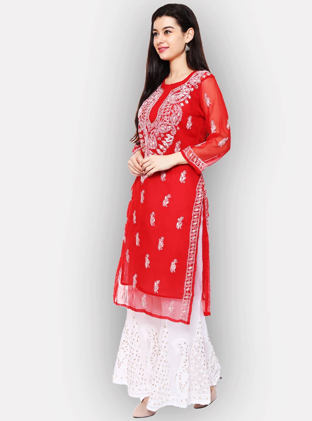 Women's Red Sequin Kurta Suit Set With Net Ruffle Dupatta Label Shaurya  Sanadhya | Kurti designs party wear, Dress indian style, Long kurti designs