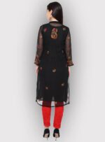 Women's Black Georgette Long Length Kurti Kurta with Muliticolor Chikankari Hand Embroidery all over on front