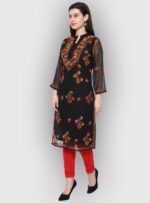 Women's Black Georgette Long Length Kurti with Multicolor Lakhnawi Chikankari Hand Embroidery