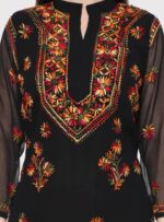 Women's Black Georgette Long Length Kurti with Multicolor Lakhnawi Chikankari Hand Embroidery