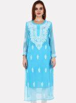 Women’s Lucknow pure georgette Chikankari long length blue color with hand embroidery kurta