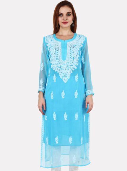 Women’s Lucknow pure georgette Chikankari long length blue color with hand embroidery kurta