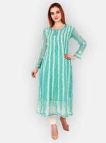 Women’s Georgette Long length Kurti Lucknow Chikankari hand embroidery-rama green