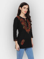 Women's Pure Cotton Lucknow Chikankari short length kurta kurti top with fine multi color hand embroidery