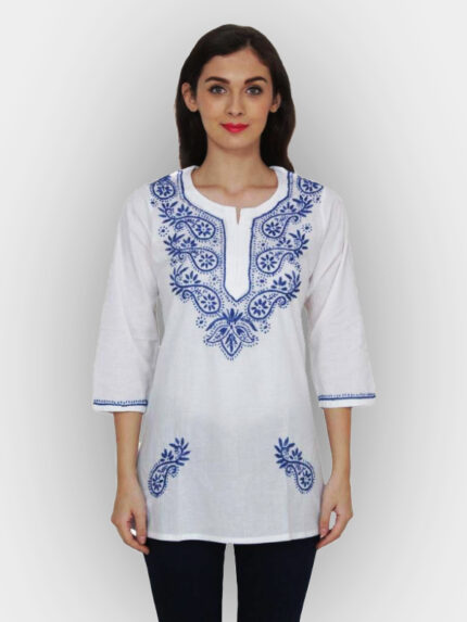 Women's Pure Cotton Lucknow Chikankari short length kurta kurti top base color white with fine contrast color hand embroidery