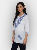 Women's Pure Cotton Lucknow Chikankari short length kurta kurti top base color white with fine contrast color hand embroidery