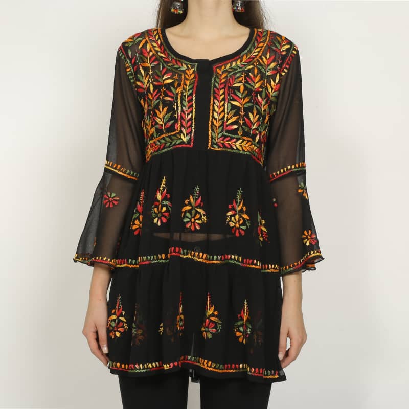 Vahson Women's Cotton Embroidered Chikan Short Length Straight Kurti (S,  Black Multi) : Amazon.in: Fashion
