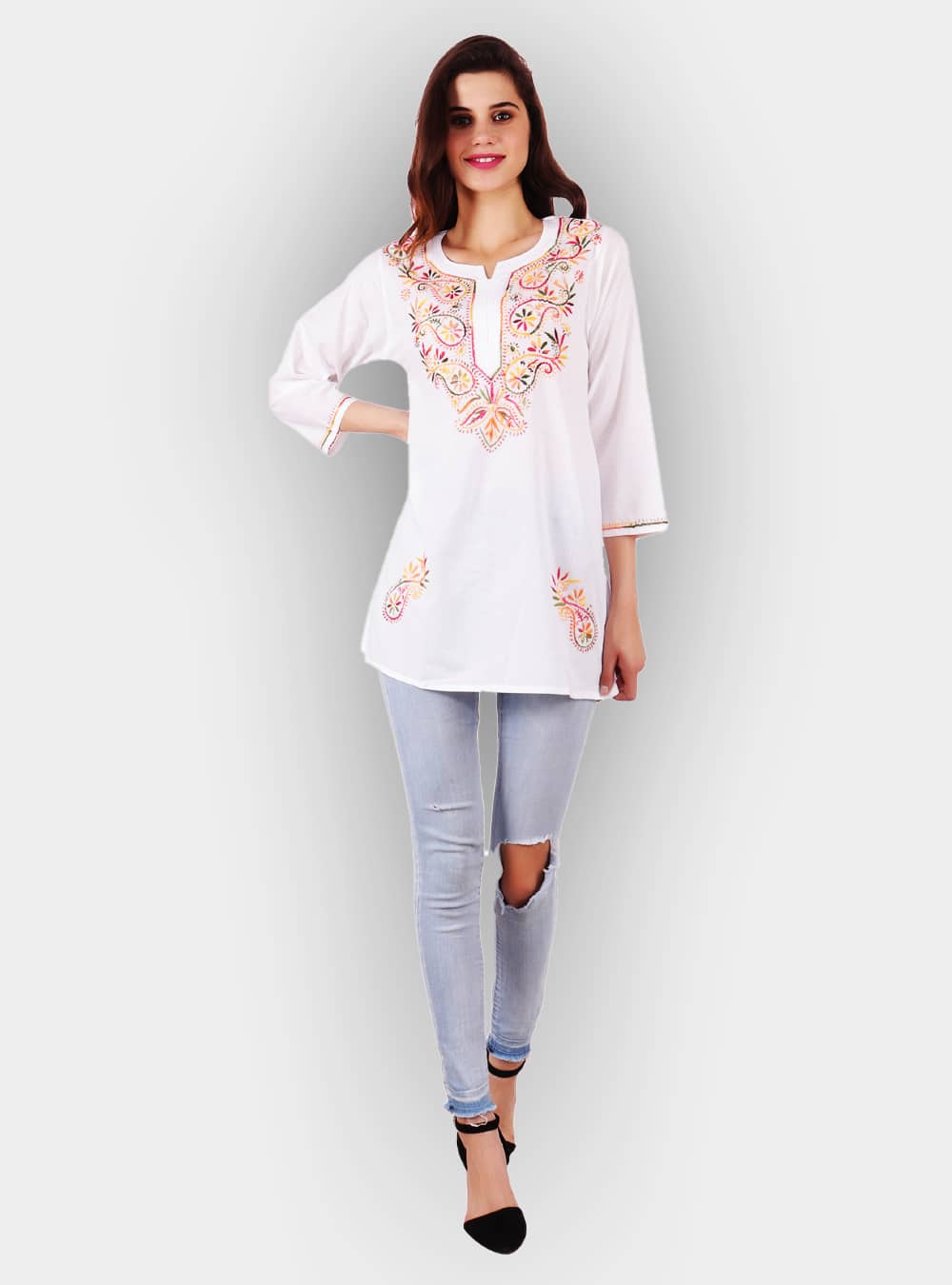 White Kota Cotton Short Top Tunic Lucknow Chikankari Kurta Kurti Handmade  Shirt | eBay