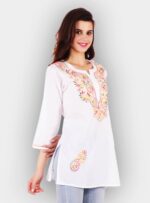 Lucknow Pure cotton Chikankari short length kurta kurti top base color white with fine multi color chikan hand embroidery