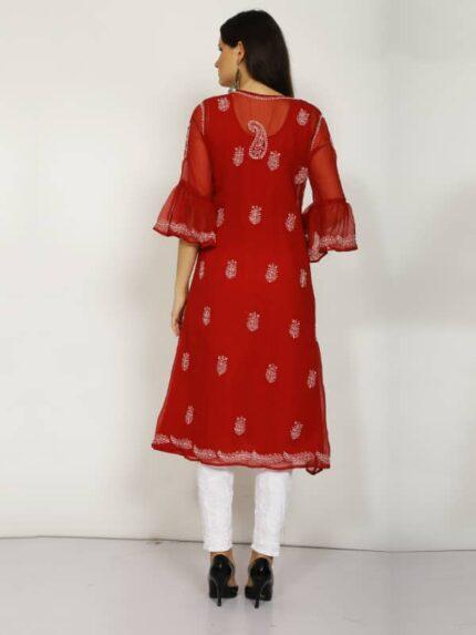 Women's chikankari red A-line frock dress with fine lakhnawi hand embroidery