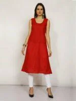 Women's chikankari red A-line frock dress with fine lakhnawi hand embroidery