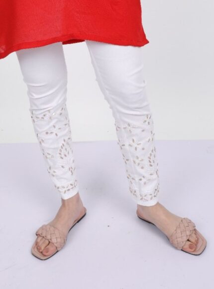 Stretchable cotton pants for ladies with side pocket chikankari dress