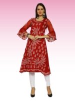 Women's A-line frock Hand Embroidered dress red kurti