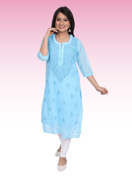 Blue Georgette long length kurti lakhnawi chikankari hand embroidery