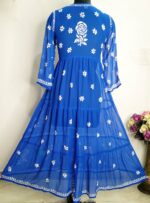 Blue Fine Georgette long length A-line 3-layered frock style with fine lakhnawi chikankari hand embroidery